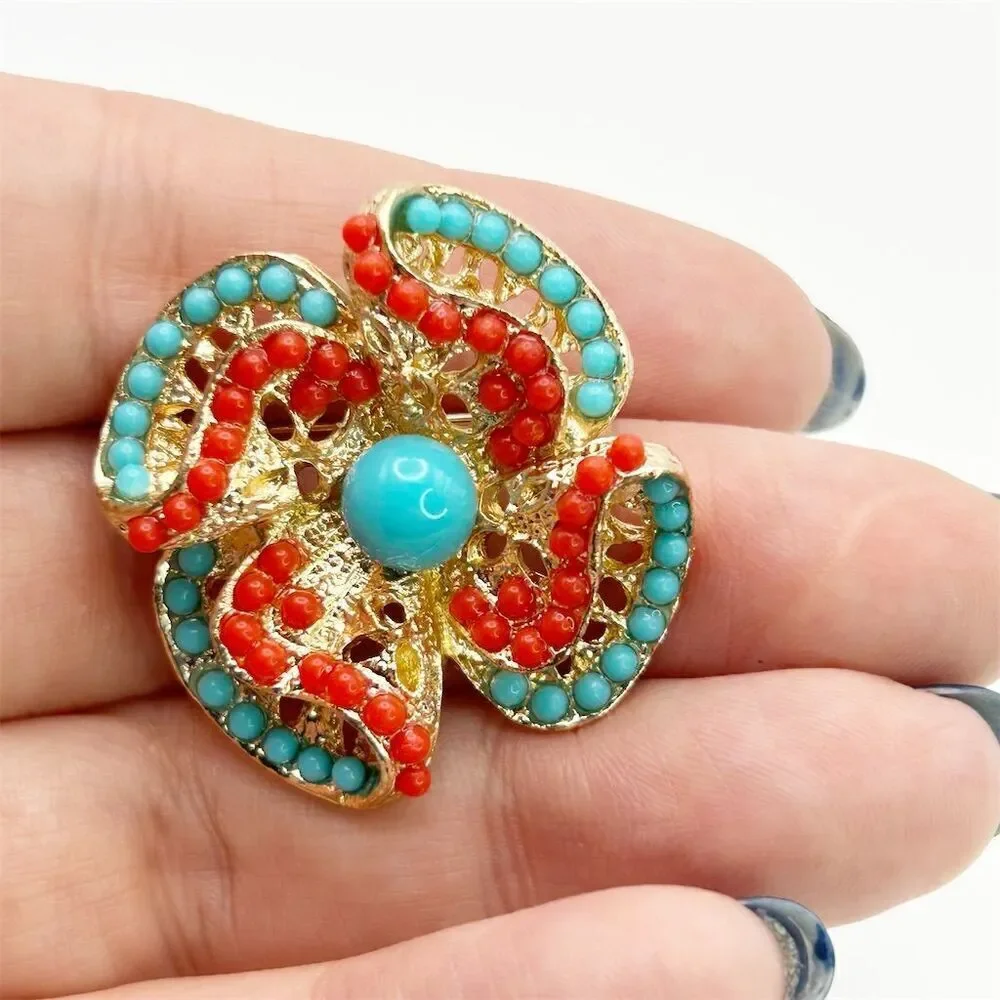 Textured 3D Faux Turquoise and Red Beaded Flower Brooch Pin Wavy Design